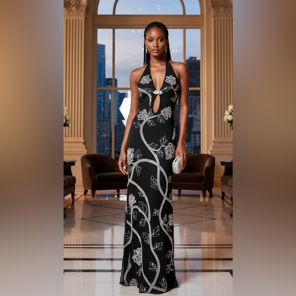 Attitudes by Debra Chic Black and Silver Floral hand beaded Backless Dress‎